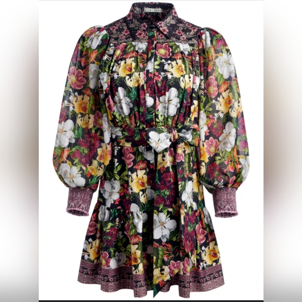 Alice + Olivia Black Floral Mini Dress with White, Yellow & Pink Blooms